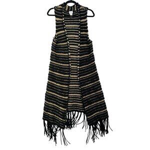 Chicos Womens Striped Fringe Vest Size 0 Black & Gold Wool Blend